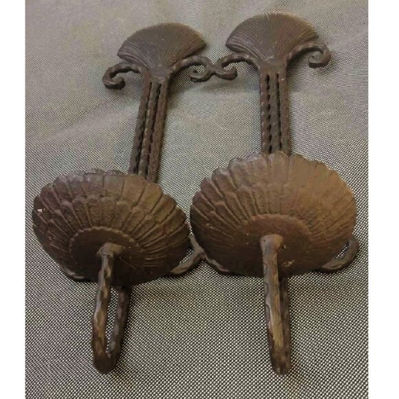 VTG Double Pillar Candle Holder Hammered Scallop Shell Wrought Iron Wall Sconce - Picture 5 of 8